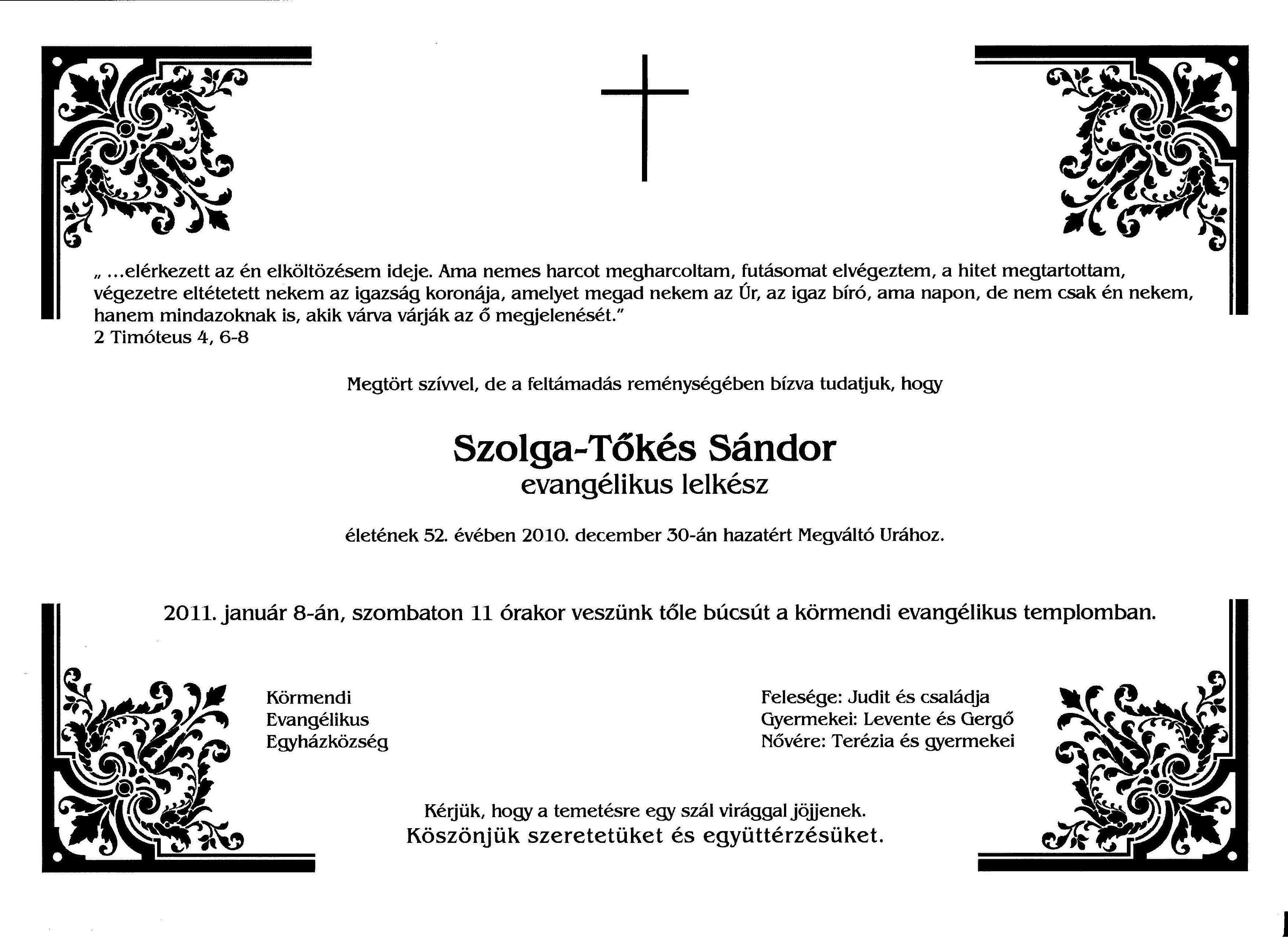 Elhunyt Szolga-Tőkés Sándor evangélikus lelkész